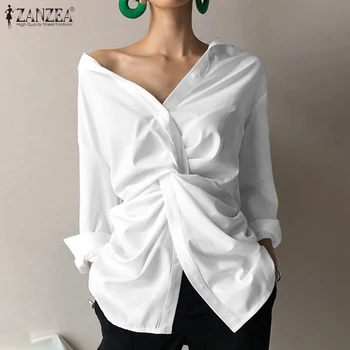 

ZANZEA Spring Lapel Work OL Blouse Fashion Irregular Tunic Tops Women Casual Solid Long Sleeve Shirt Blusas Chemise Robe M-5XL
