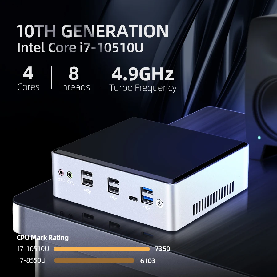 Mini PC Intel Core i7 10510U 2*DDR4 M.2 SSD NVMe Windows 10 Dual-Band WiFi Bluetooth 4.0 HDMI DP 4K 60Hz USB Type-C 2*Ethernet-1