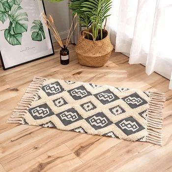 

Morocco Cotton Linen Area Rugs Hand Woven Print Tufted Tassel Carpet for Living Room Throw Mat Machine Washable Bath Mat Doormat