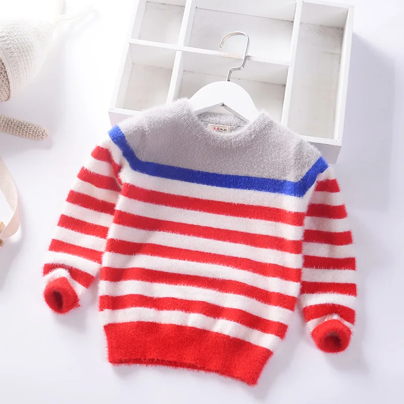 Autumn Winter Warm Boys Knitted Sweaters Striped Patchwork Boys Kids Pullover Tops Children Knitted Tops Wear Teenager Clothing - Цвет: Красный