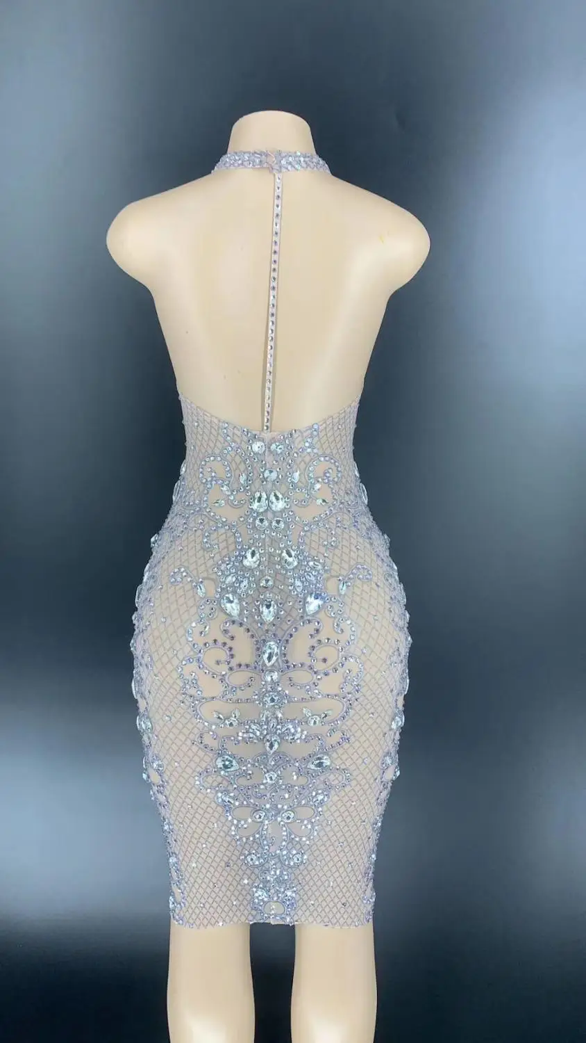 Sexy Mesh See Through Party Crystal Dress Women