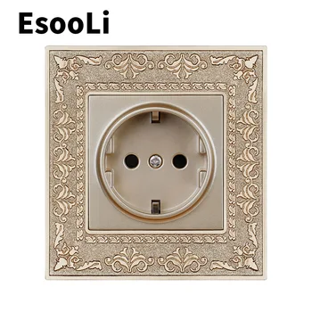 

EsooLi 16A EU Standard Gold Power Socket 4D Embossing Retro Zinc Alloy Panel Wall Power Socket AC 110~250V