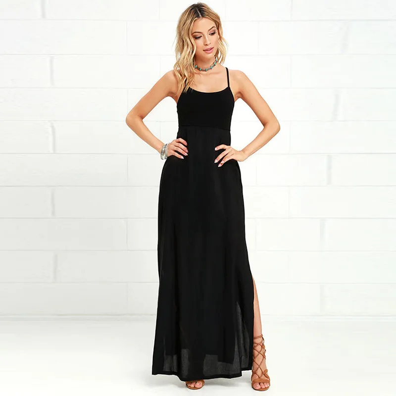 

Haoduoyi Thermal-Spring Clothing New Style Europe And America Fashion Solid Color Sexy Side Slit Strapped Dress a Lot of Clothes