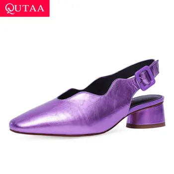 

QUTAA 2019 Women Pumps Square Med Heel Pointed Toe Patent Leather+PU Buckle Slingback Shoes Spring Fashion All Match Size 34-42