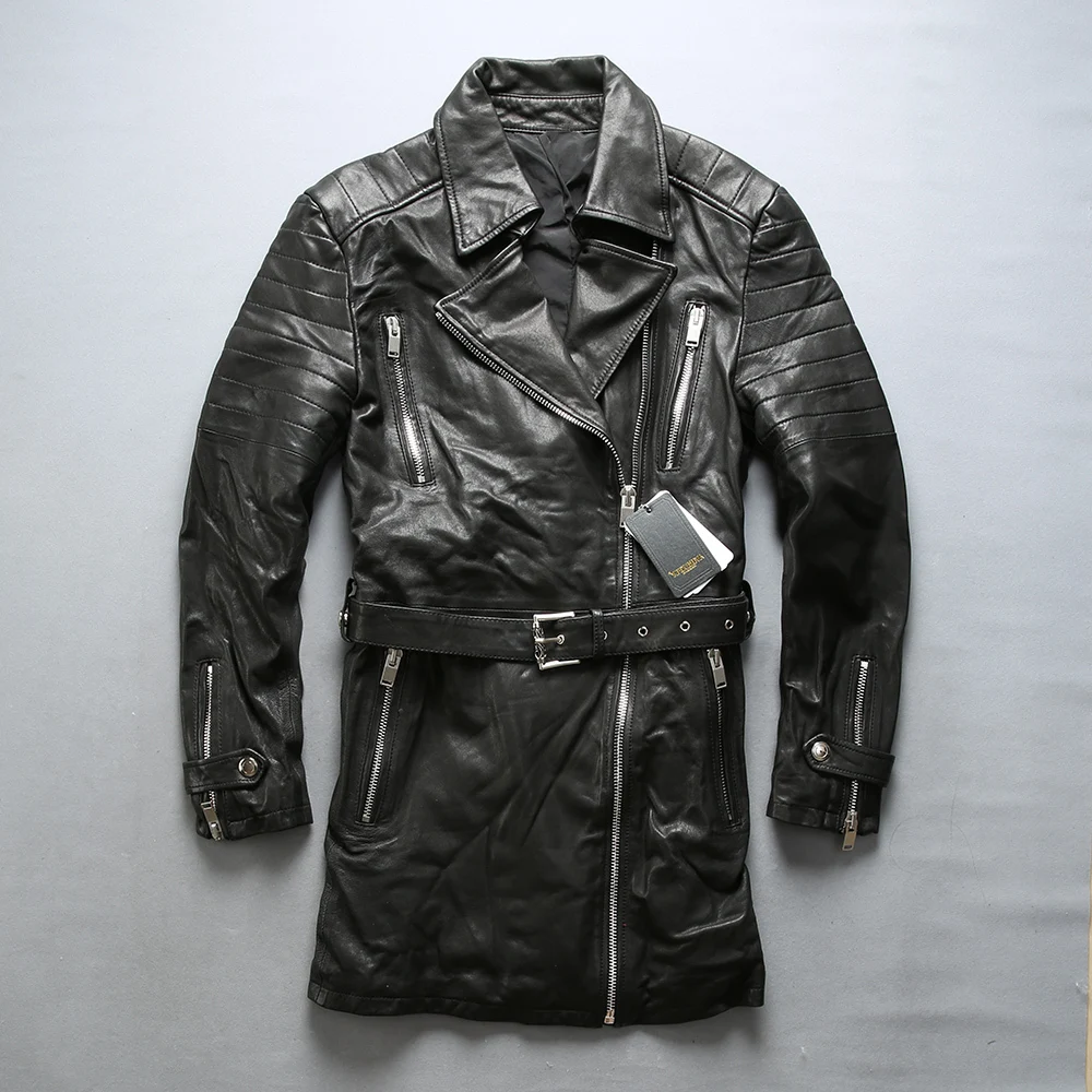 Мужская мотоциклетная кожаная куртка AVIREXFLY черная длинная из натуральной