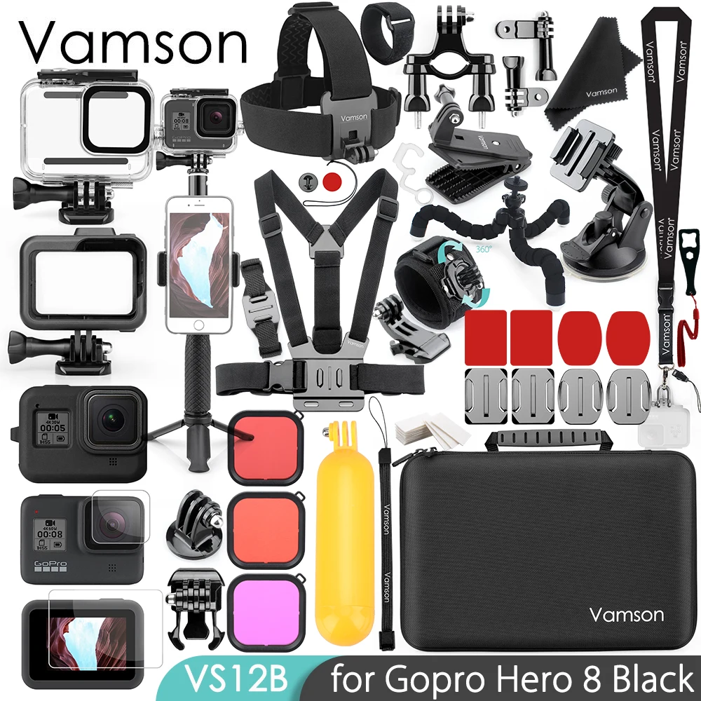 Vamson для Gopro hero 8, черный комплект аксессуаров, Супер набор, водонепроницаемый корпус, чехол, Крепление для штатива, монопод для Go pro hero 8 VS12 - Цвет: VS12B