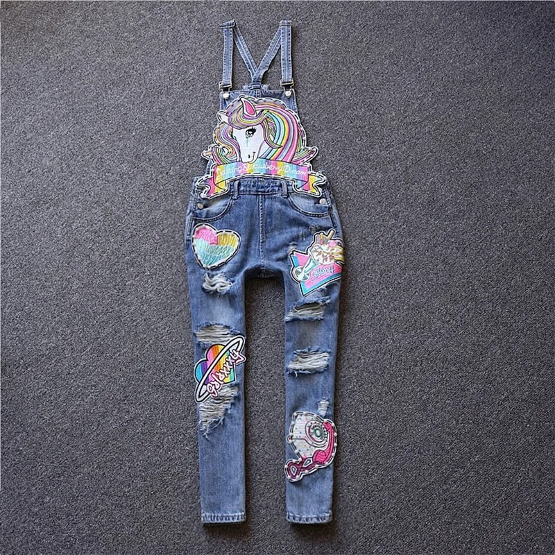 

European Fshion Horse Embroidery Denim Jumpsuit Hole Loose Beaded Jean Pants Casual Women Rompers Overalls