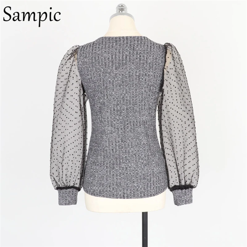 Sampic, пуловер, тонкий, модный, с круглым вырезом, Повседневный, с сеткой, в горошек, с длинным рукавом, негабаритный свитер, укороченный, женский, вязаный свитер, тонкий, зима