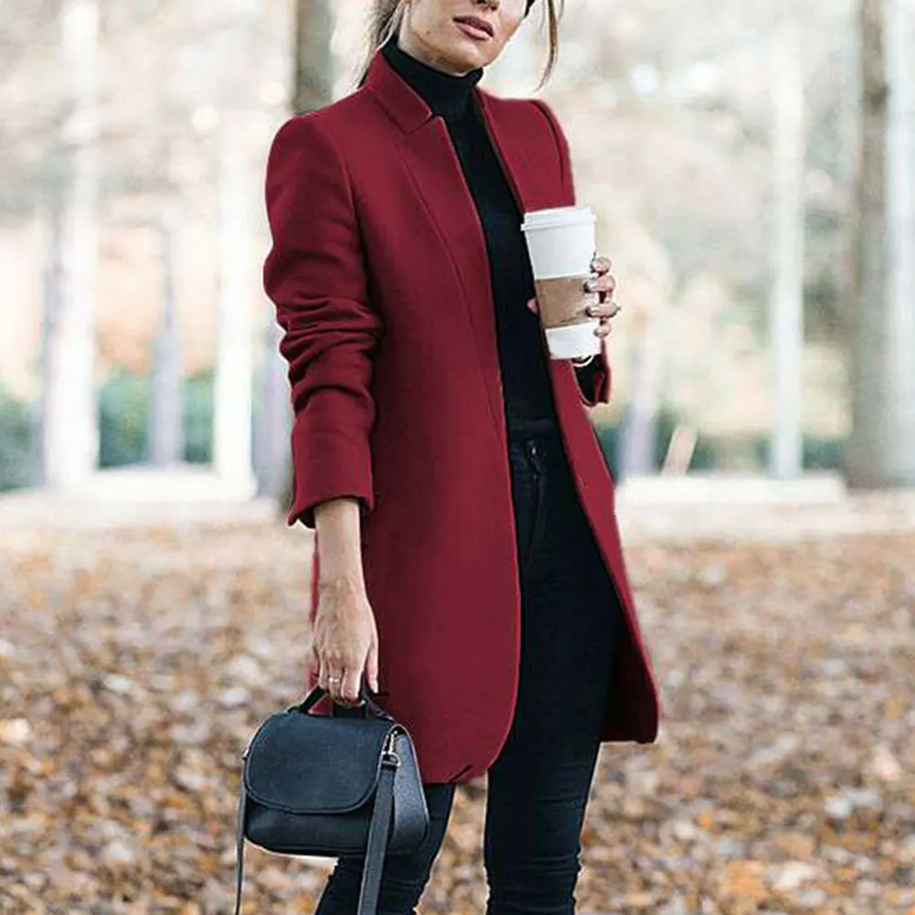 Wine Red Топы, приталенный, стоячий воротник, для улицы, для офиса, Тренч для покупок, элегантное женское Шерстяное Пальто, модная верхняя одежда, для девушек, зимняя, теплая, однотонная, длинная - Цвет: Wine Red