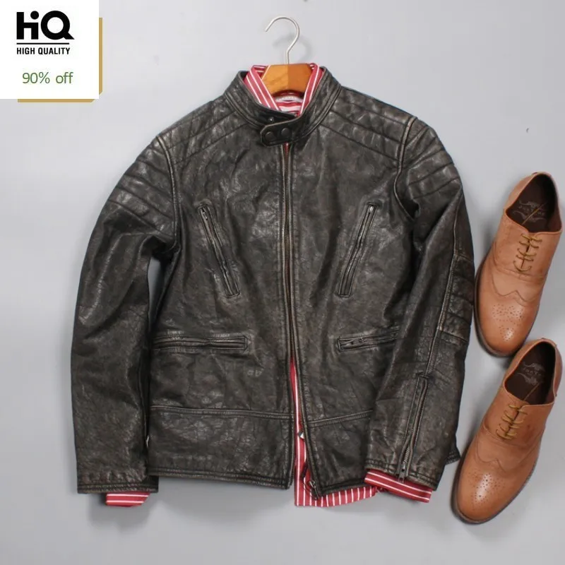 

Man Luxury Vintage Genuine Cow Leather Jackets Stand Collar Quality Cowhide Real Leather Coats Men Fashion Slim Zipper Overcoats