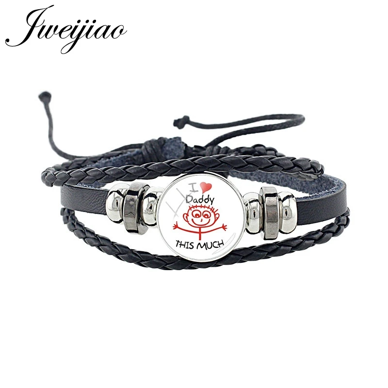 JWEIJIAO I Love Daddy This Much Black Leather Bangles Glass Snap Button Handmade Weave Bracelet Jewelry Father's Day Gifts CT494 |