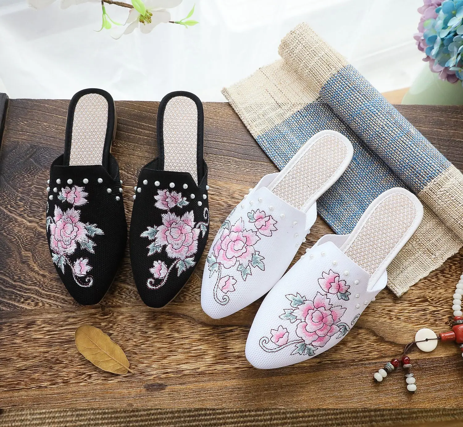 Embroidered Women Cotton Fabric Mules Slippers with Pearls Flowers