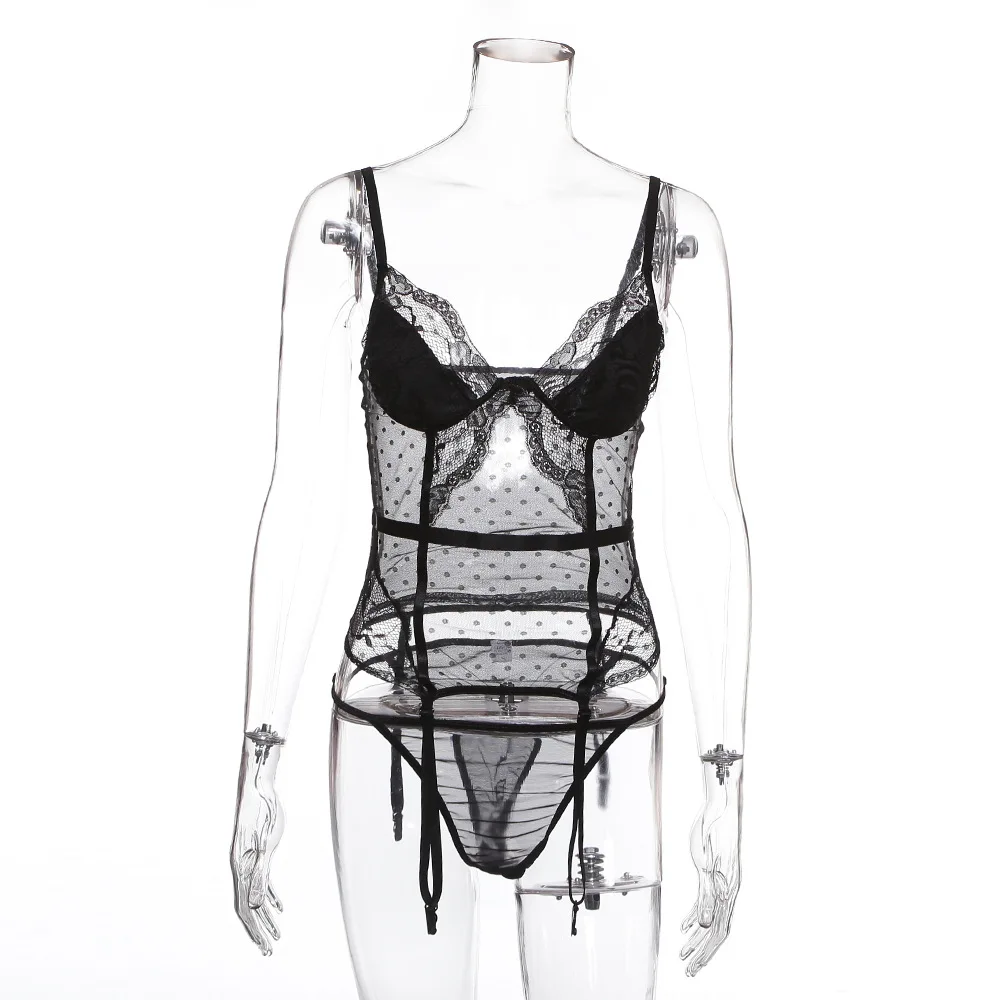 ArtSu Sexy Mesh Lace Transparent Bodysuits 2Pieces Set Nightwear Women Bodycon Polka Dot Bodysuit See Through Catsuits ASJU60396