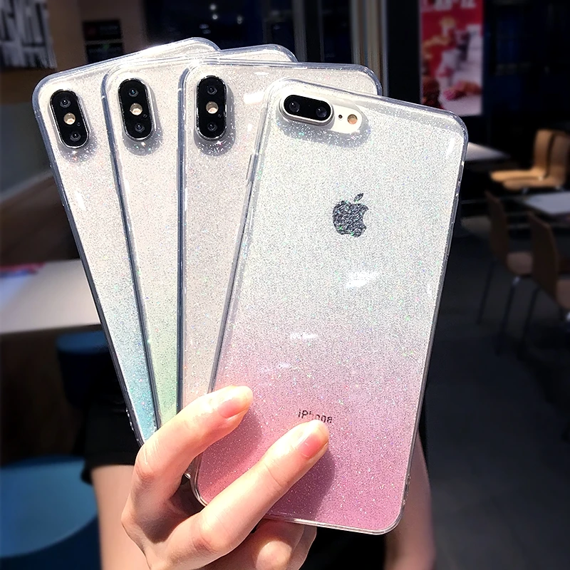 

LOVECOM Gradient Glitter Case For iPhone XR XS Max 6 6S 7 8 Plus X Shockproof Transparent Soft Epoxy Luxury Phone Back Cover