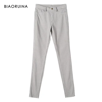 

BIAORUINA Women's Stripes Skinny Pant Female Elastic High Waist Classic Trouser Office Lady All-match Everyday Pants