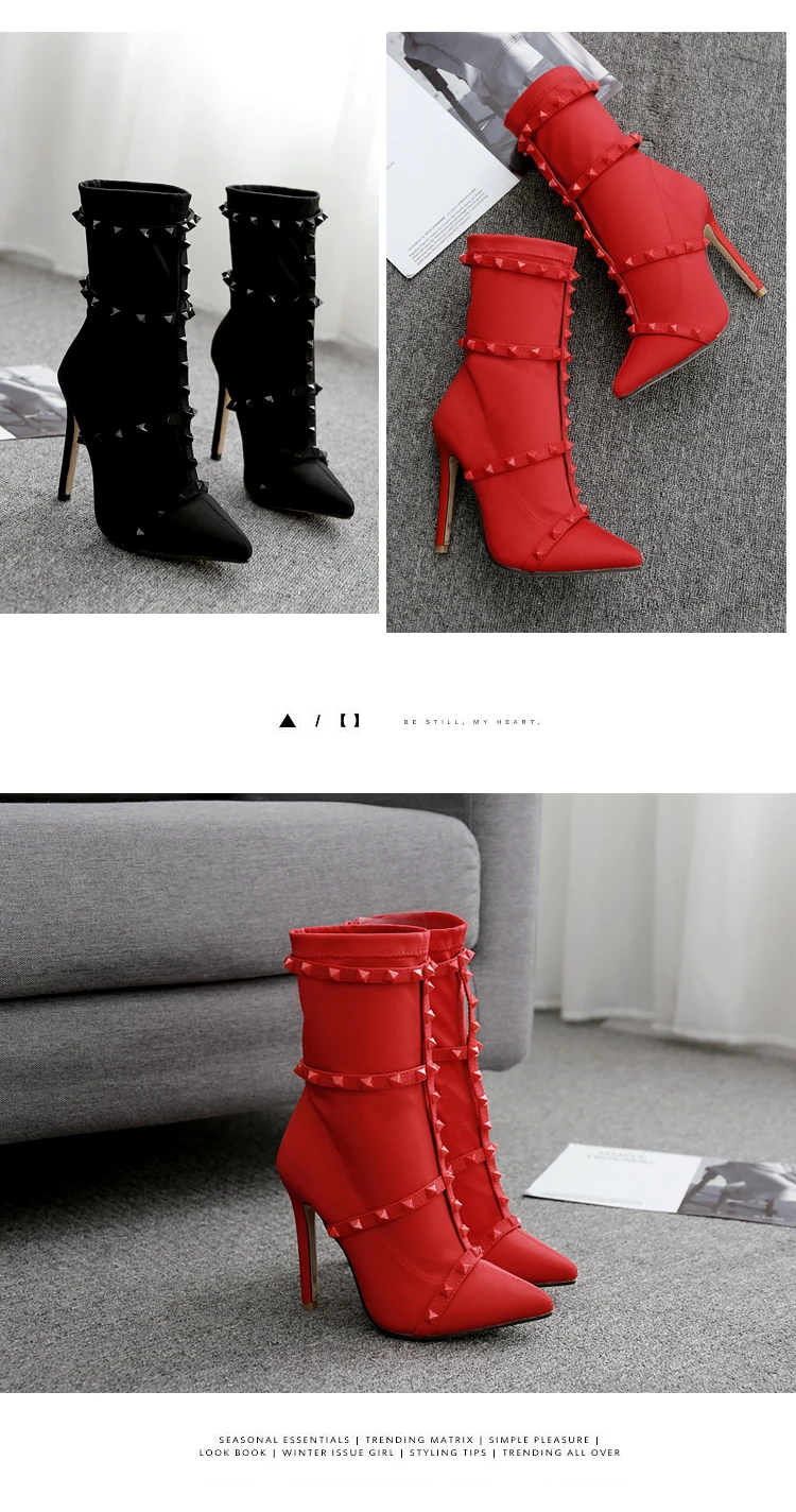 Женские ботинки обувь с заклепками на очень высоком каблуке с острым носком модная красная обувь на молнии на тонком каблуке Женская обувь; botas mujer invierno; сезон весна-осень; D82