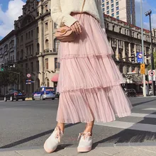 Модные плиссированные юбки из тюля для женщин, 85 см, кекс, Офисная Женская юбка, сетчатые костюмы, женские розовые, черные юбки-пачки, Осенние акции