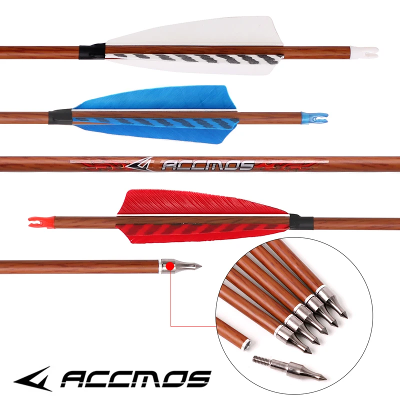 6/12pcs Wood Skin Carbon Arrow Spine 400-700 with 4Inch Turkey Feather Real Feather Arrows for Compound Traditional Bow Hunting