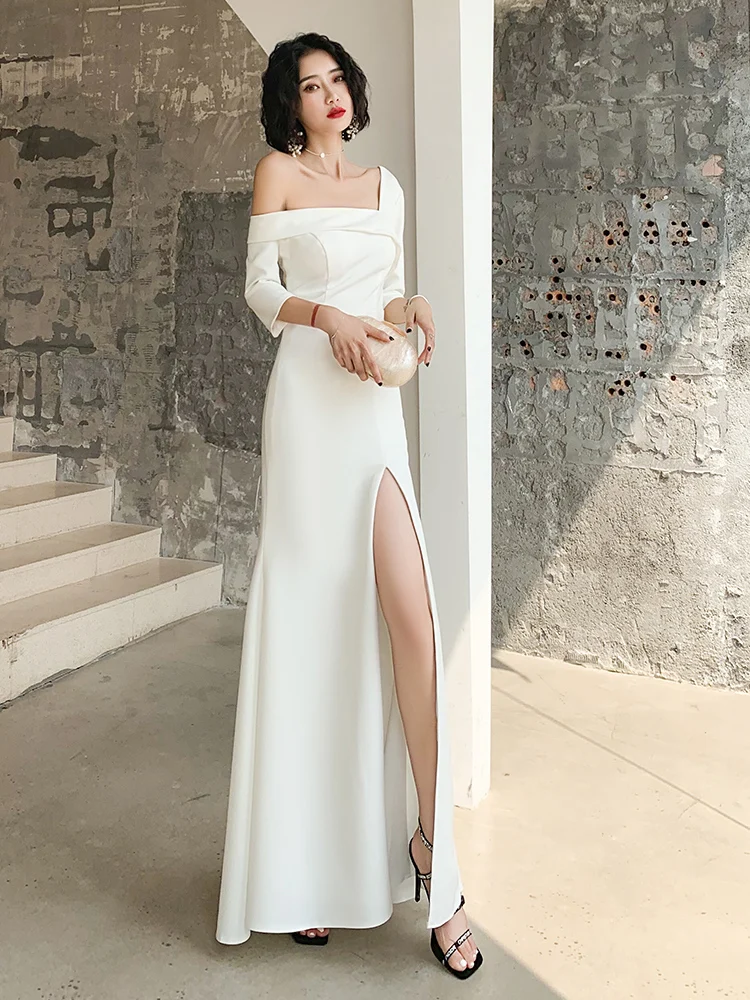 Simple Off Shoulder White Satin Long Prom Dresses with Slit, Off Shoul –  Shiny Party