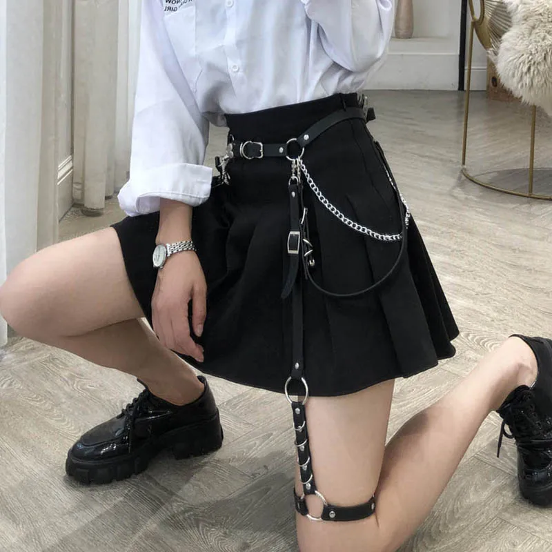 Punk gothic Leather Women Belts with chain Harajuku Harness Leg Belt Body Waist Strap Jk Dress Jeans Slim Bondage Cool Waistband