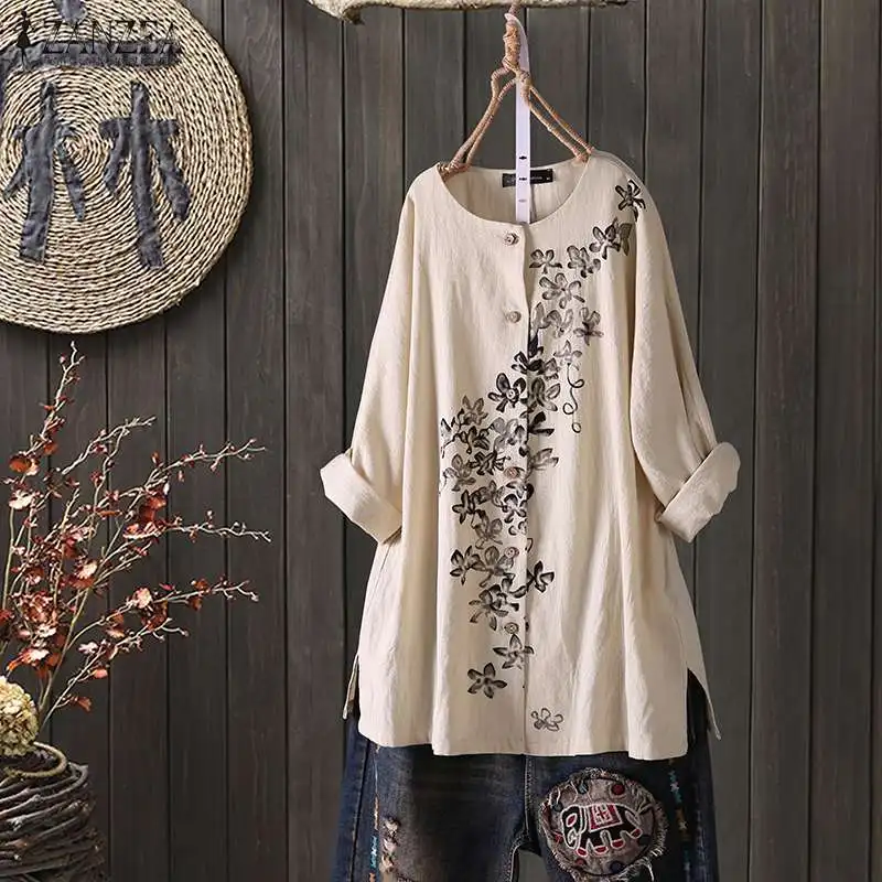  ZANZEA Women Vintage Buttons Down Shirts Long Sleeve Floral Printed Blouse Autumn Cotton Linen Tops