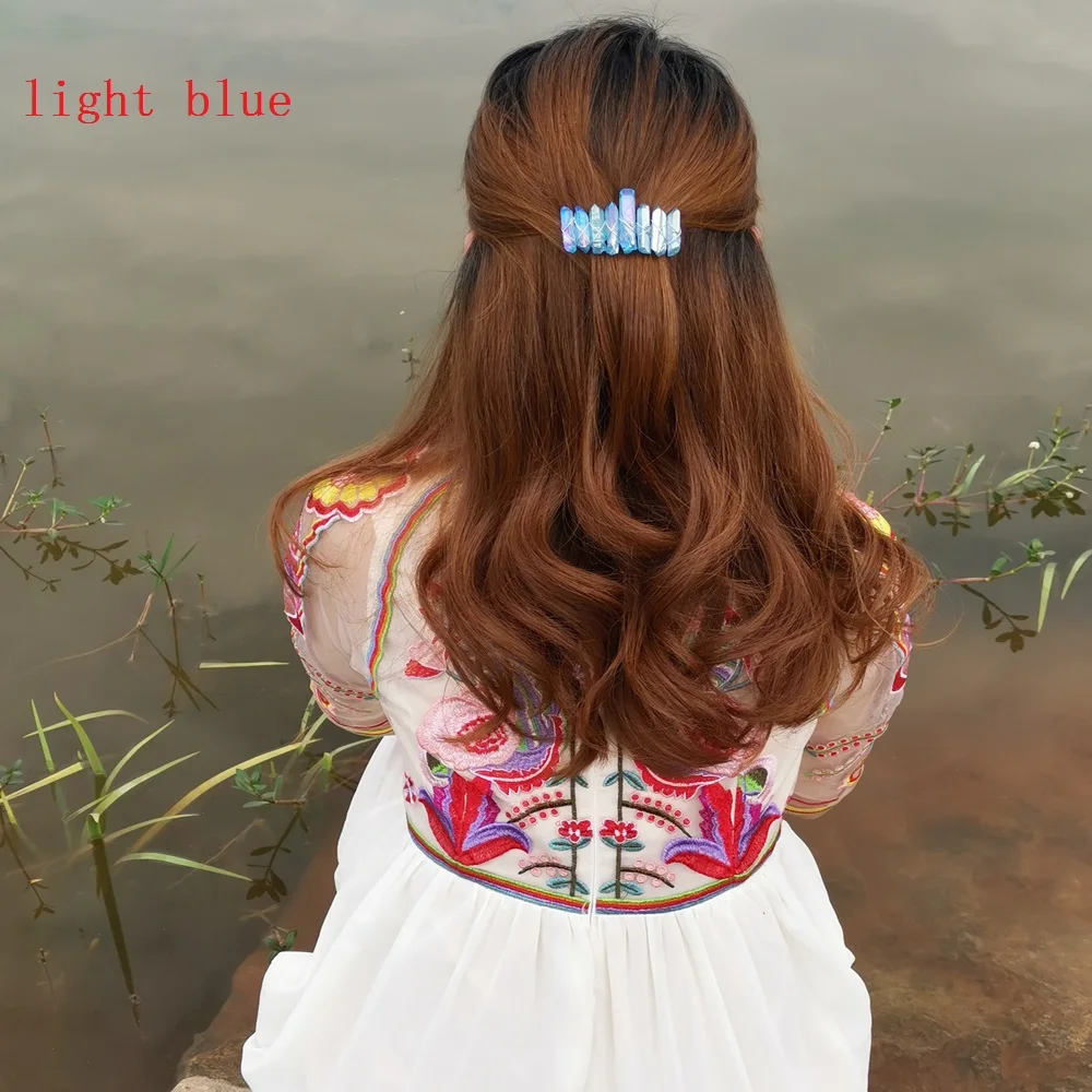Light Blue-8cm Aura кварцевый кристалл Корона натуральный сырой матовый Радужный камень опал Ангел Аура золотой гребень Свадебная Принцесса аксессуары для волос - Окраска металла: Light Blue-8cm