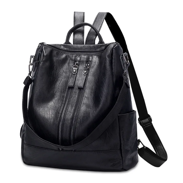 

2020 New soft leather backpack waterproof black color double front zipper bags high quality bag pack for women bagpack