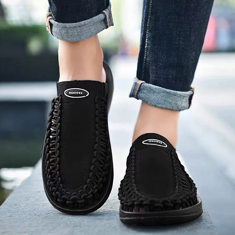 LIN KING High Quality Breathable Knit Men's Outdoor Slippers Fashion Black Slides Comforable Summer Casual Beach Shoes For Man