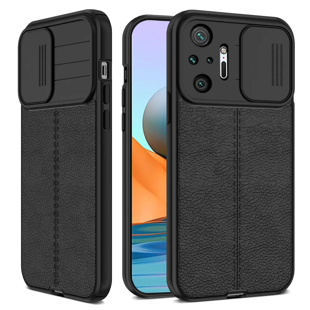 Lychee Pattern Leather Case for Xiaomi Redmi Note 10 Pro Push Pull Camera Protection For Redmi Note
