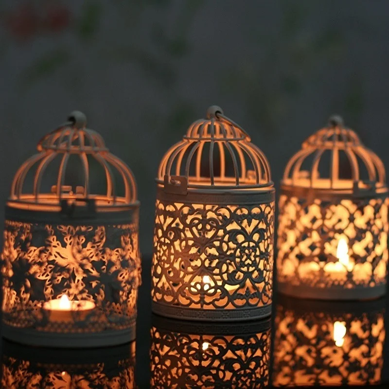 White Candleholder Decor Moroccan Candlestick Bird Cage Holder Party Decorations Light Metal Vintage Hollow out Candle Wedding