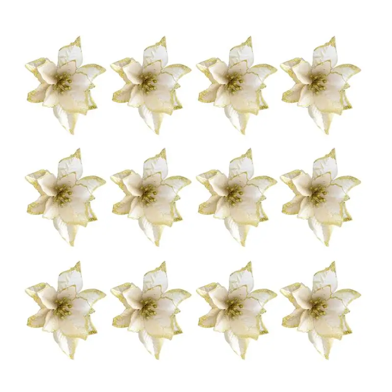 

24pcs Christmas Flower Simulation Gold Silver Powder Flower For Christmas Tree Decoration Home Store Xmas Decorative Supplies A2