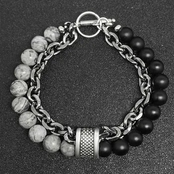 

Natural Map Stone Men's Beaded Bracelet for women Stainless Steel Bracelets Male Jewelry Tiger eye