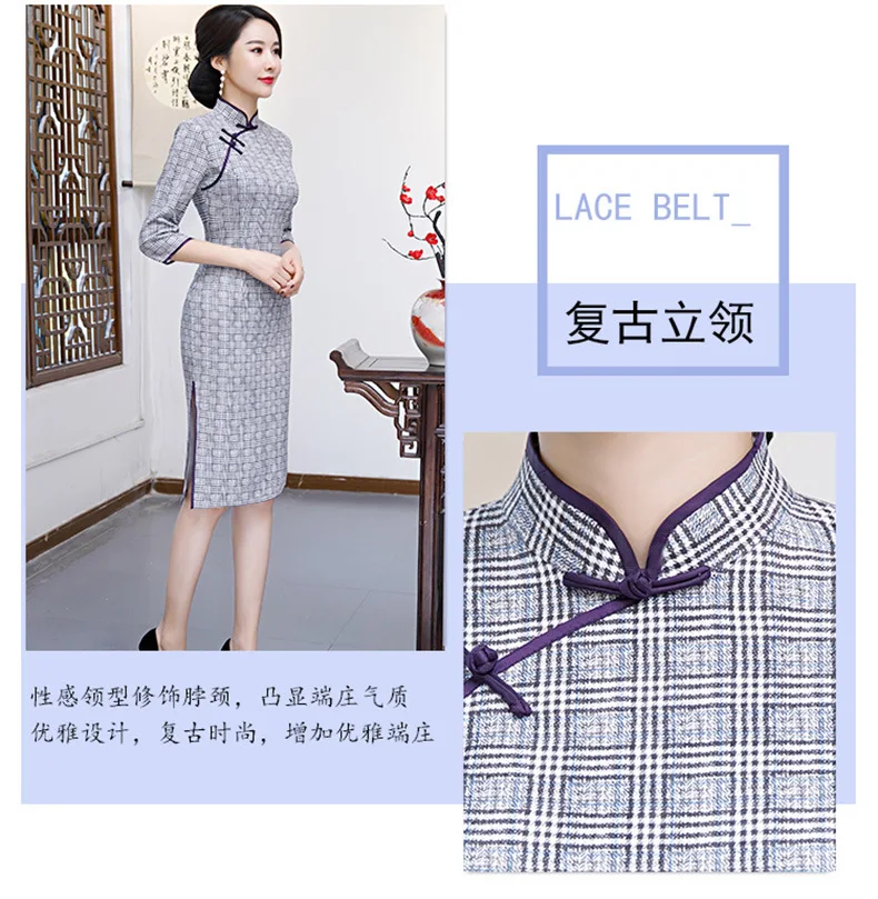Весна стиль замша средней длины Cheongsam Улучшенная облегающая в клетку Чонсам в ретростиле женское платье