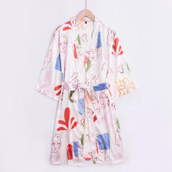 

Women's Summer Floral Printed Sleepwear Nightgown Women's Bathrobe Morning Gowns Printed Silk Japanese-Style Bathrobe