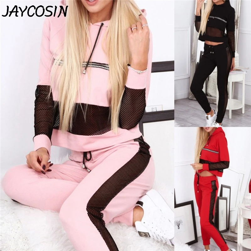 

JAYCOSIN Tracksuit Women Sweatshirt Sport Long Sleeve Wear Splice Hooded Tops Pants Set Casual 2 piece set Women Suits a5