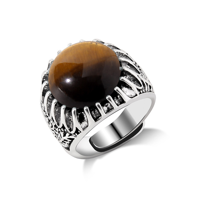 Handmade Carved Turkish Rings For Men Natural Stone Round Cabochon Finger Ring Silvery Color Resizable Punk Jewelry Gift