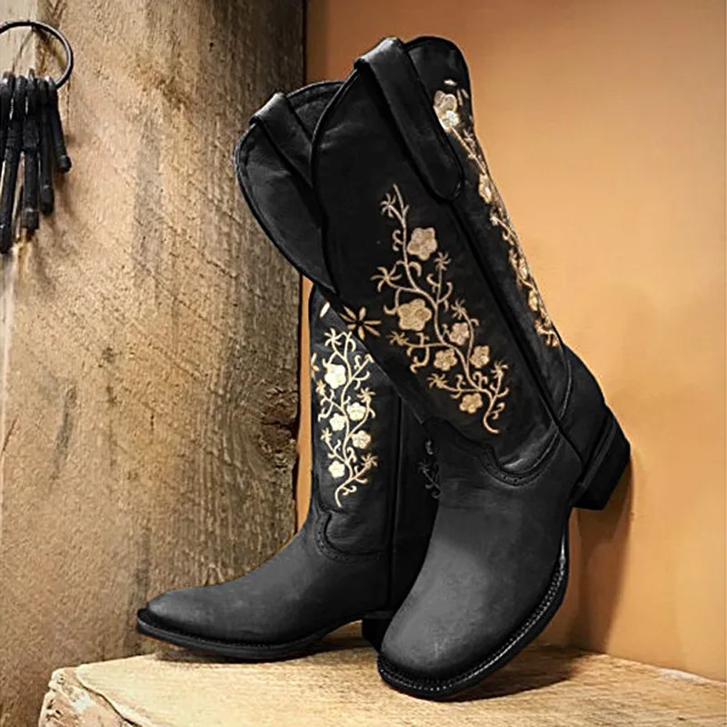 Botas de Cowboy con punta cuadrada para mujer, zapatos de estilo occidental  con bordado de becerro ancho, para otoño, gran oferta, 2022 _ - AliExpress  Mobile