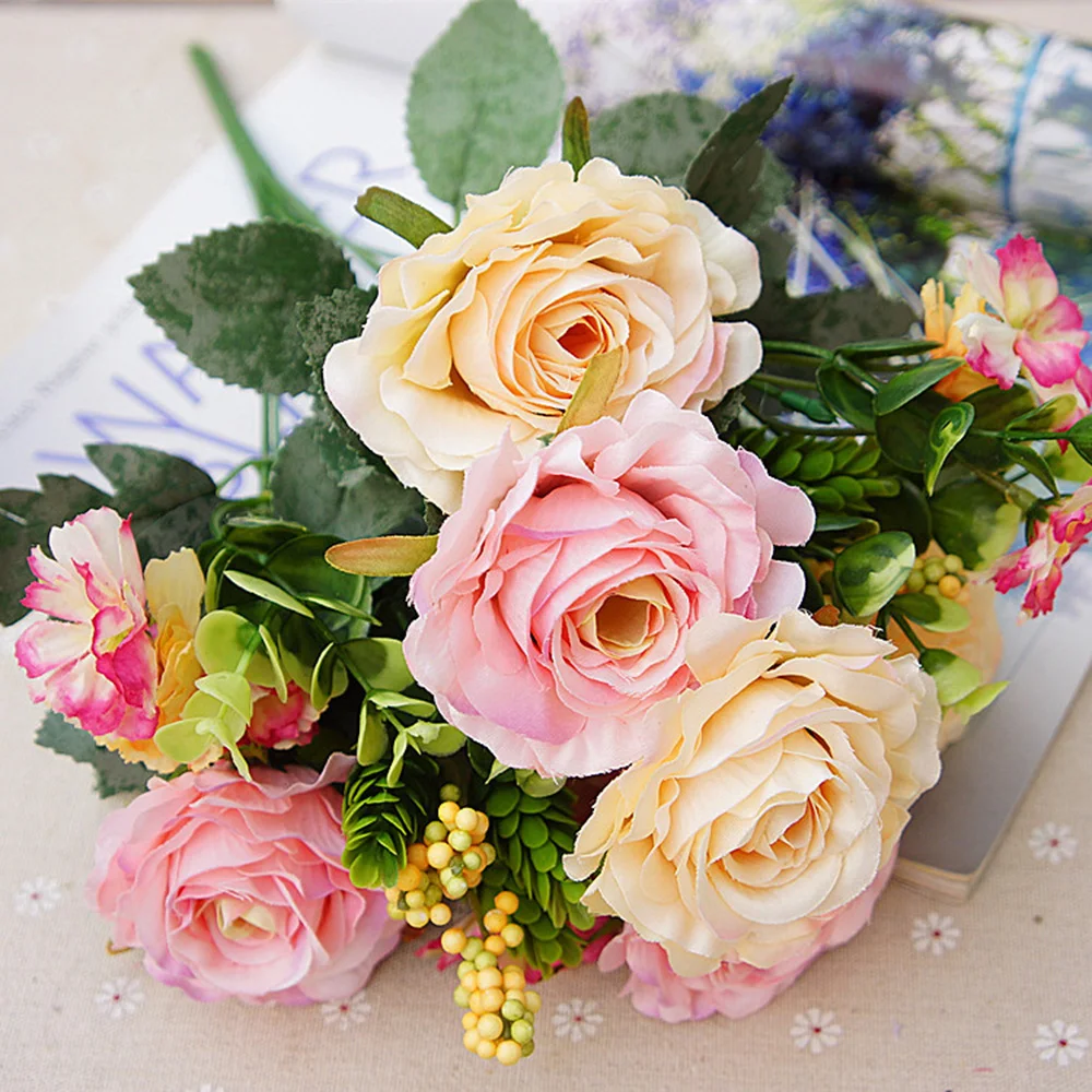 

Wedding Artificial Flowers Silk Rose Bouquet Home Party Decor 11 Heads Bunch