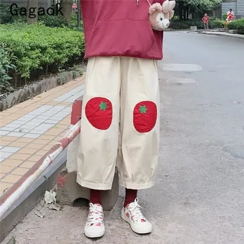 

Gagaok Women Japan Style Ankle-Length Pants 2020 Spring Autumn New High Cartoon Appliques Loose Casual Sweet Cute Wide Leg Pant
