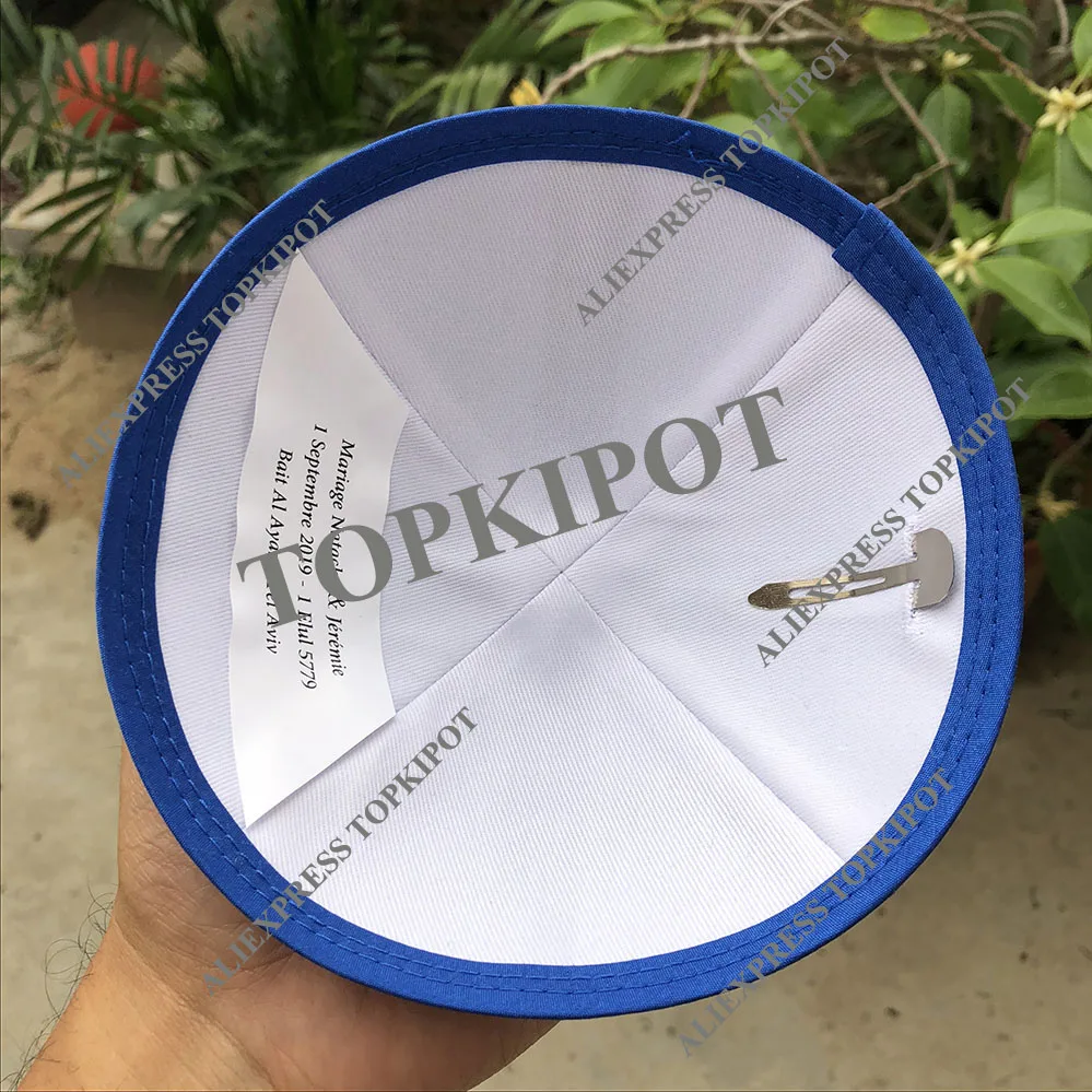 Королевский синий сырой шелк KIPPA с белым логотипом вышивки для свадьбы 01