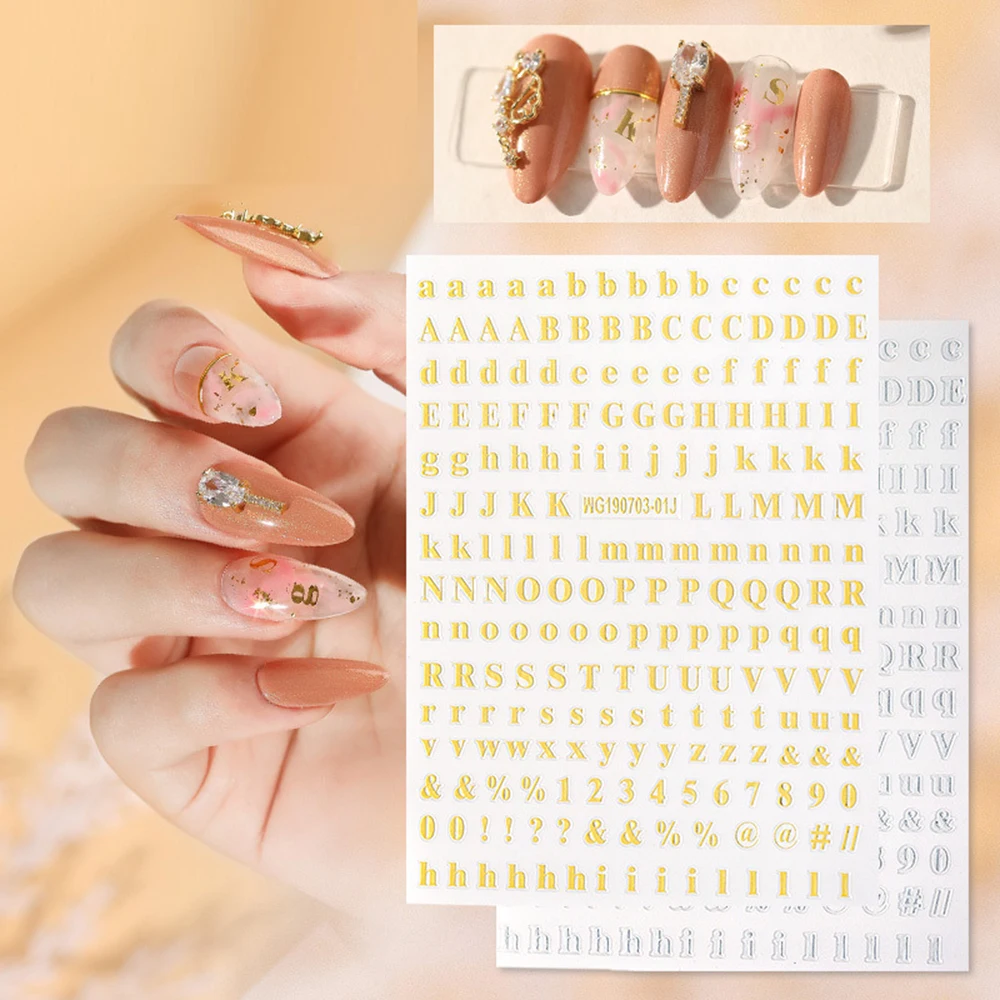 English Letter Nail Art Sticker Rose Gold Silver 3D Self Adhesive Nail Foils Alphabet Symbol