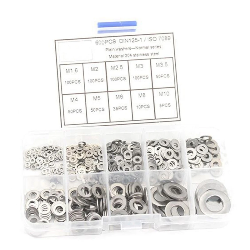 

Hot Sale 600Pcs/Set M1.6 M2 M2.5 M3 M3.5 M4 M5 M6 M8 M10 Stainless Steel Flat Washer Plain Washer Gaskets Assortment Kit