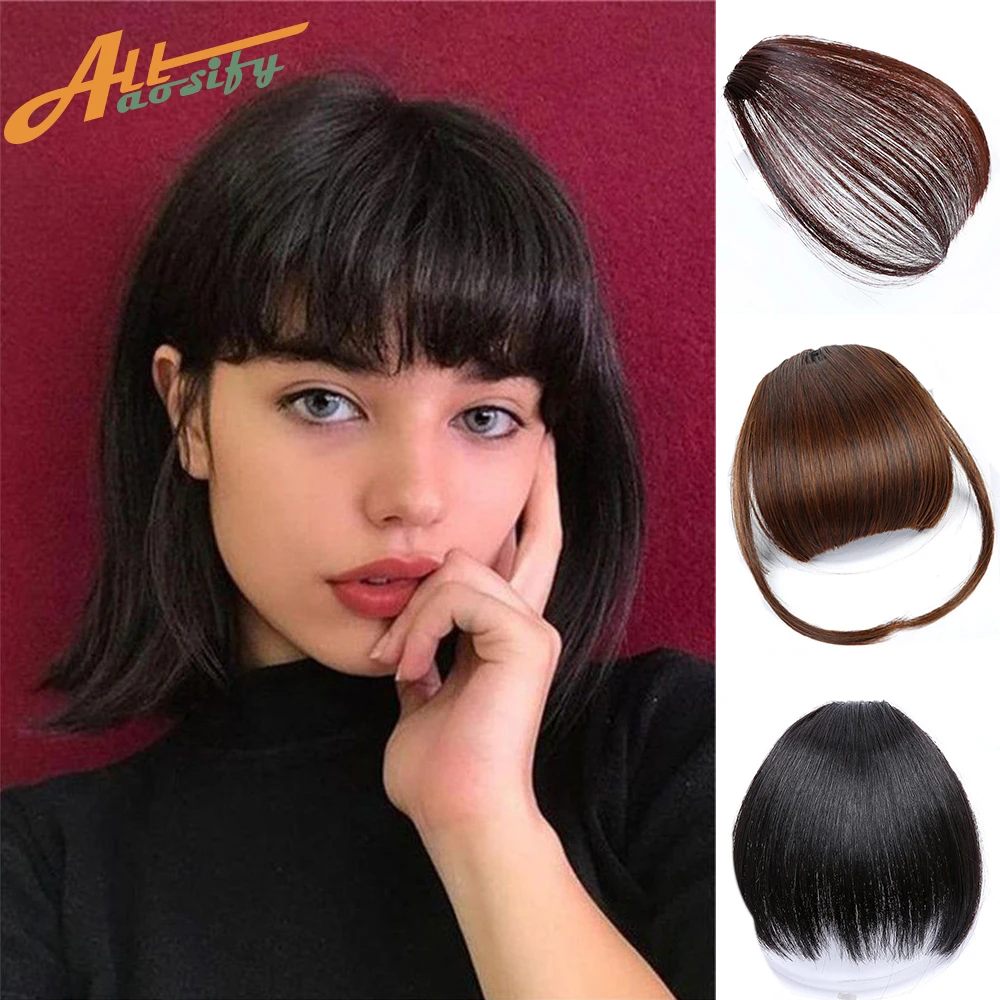 Allaosify Clip en flequillo frente limpio flequillo postizo sintético falso flequillo postizo de Clip en extensiones de cabello rubio y castaño negro