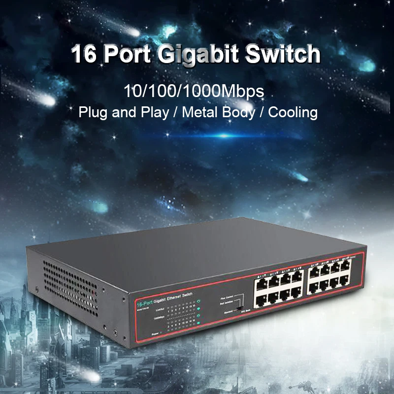 16 портов 10/100/1000 Мбит/с гигабитный коммутатор RJ45 VLAN Ethernet коммутатор для CCTV IP камеры сетевой коммутатор для ПК настольного ноутбука