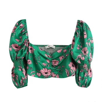 

2020 Spring Women's New Party Leader Long Elbow Short Top Shoulder Puff Design Floral Print Short Navel Shirt
