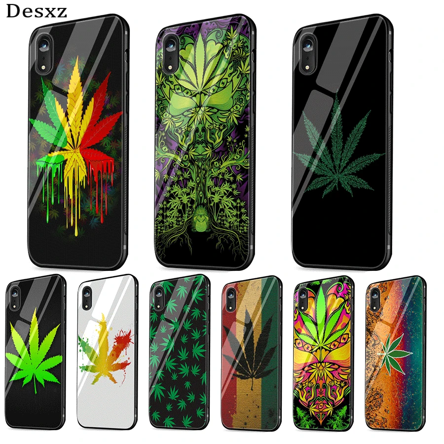 

Glass Phone Case For iPhone 6 6s 7 8 Plus X XR XS Max 5s 5 SE Cover Plant Leaves Cannabis Leaf DIY Painted Beautiful