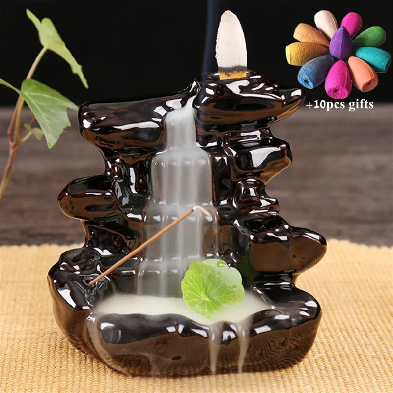 

Buddha Statue Zen Backflow Incense Burner Ceramic Smoke Waterfall Incense Cones Censer Incense Stick Holder + 10pcs Free Cones