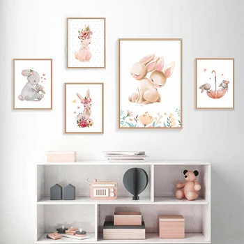 

Mother and Baby Rabbit Personalized Baby's Name Custom Pink Flower Canva Painting Wall Art Prints Poster Picture Girl Room Decor