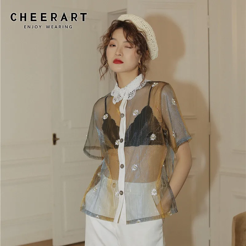 

CHEERART Designer Summer Transparent Top Women Pearl Embroidered Blouse Lace Neck See Through Top Iridescent Shirt High Fashion