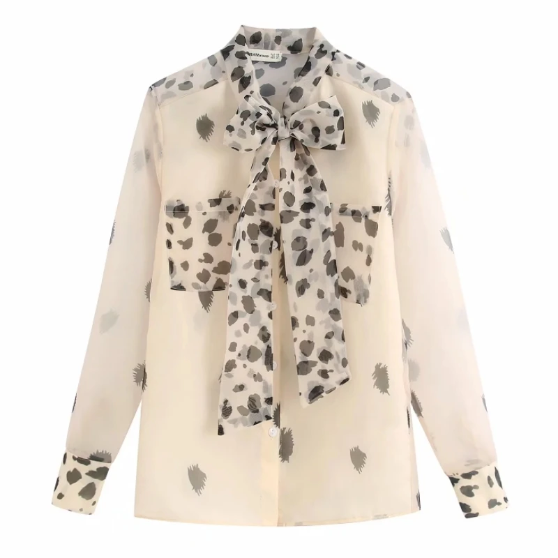 

Leopard Print Organza Stand Collar Bow Tie Women Shirt 2020 Spring Leisure Lady Long Sleeve Blouses Loose Tops S6913